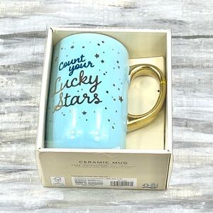 NEW Modern Expressions Ceramic Mug “Count Your Lucky Stars” Blue Gold Large Box